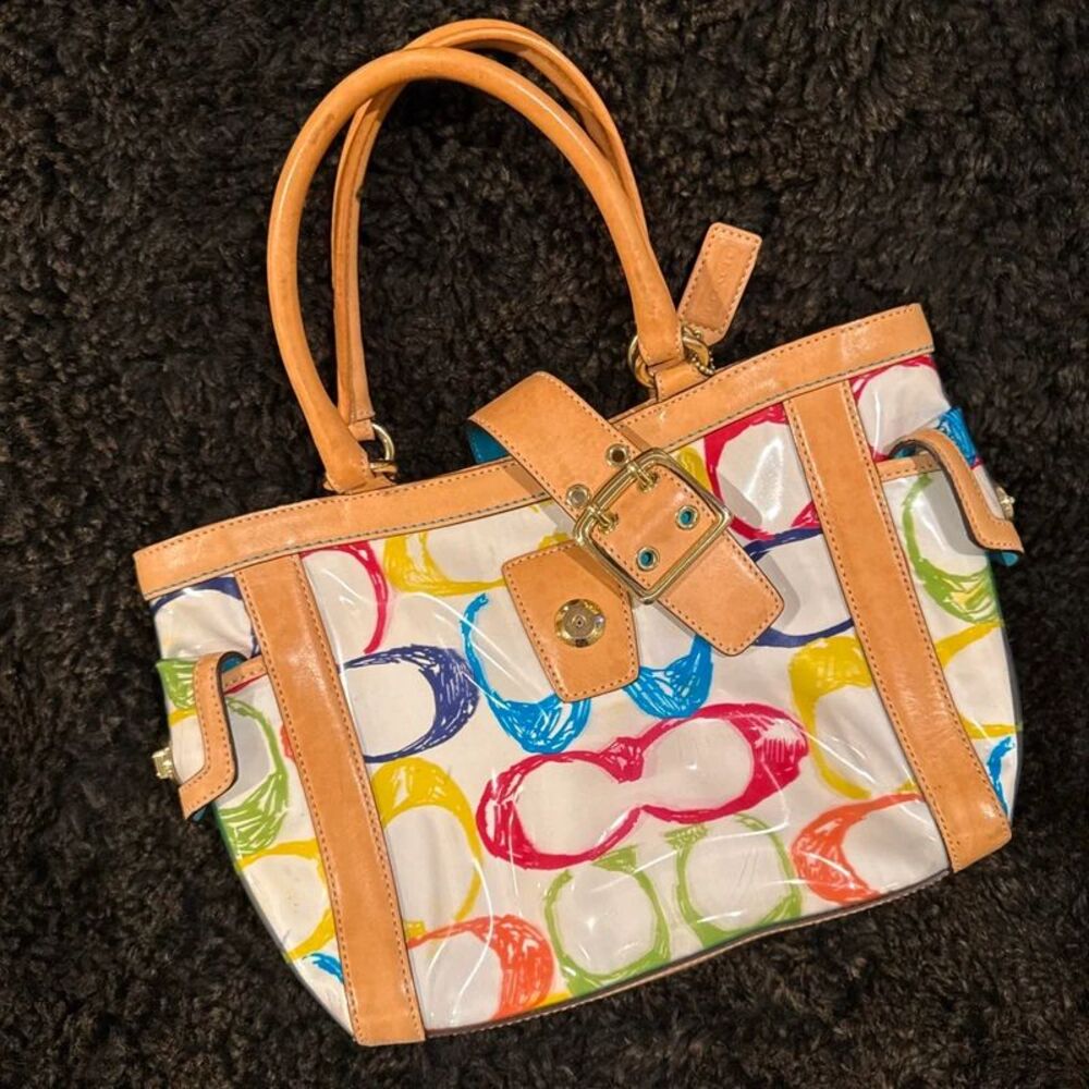 Coach Multicolor PVC Scribble Vachetta Leather Trim Tote Handbag Bag For Women